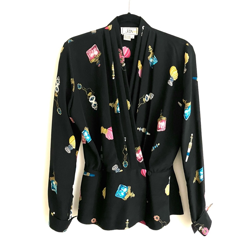 Vintage Jax 100% Silk Perfume Print Black Silk Wrap Blouse S 6